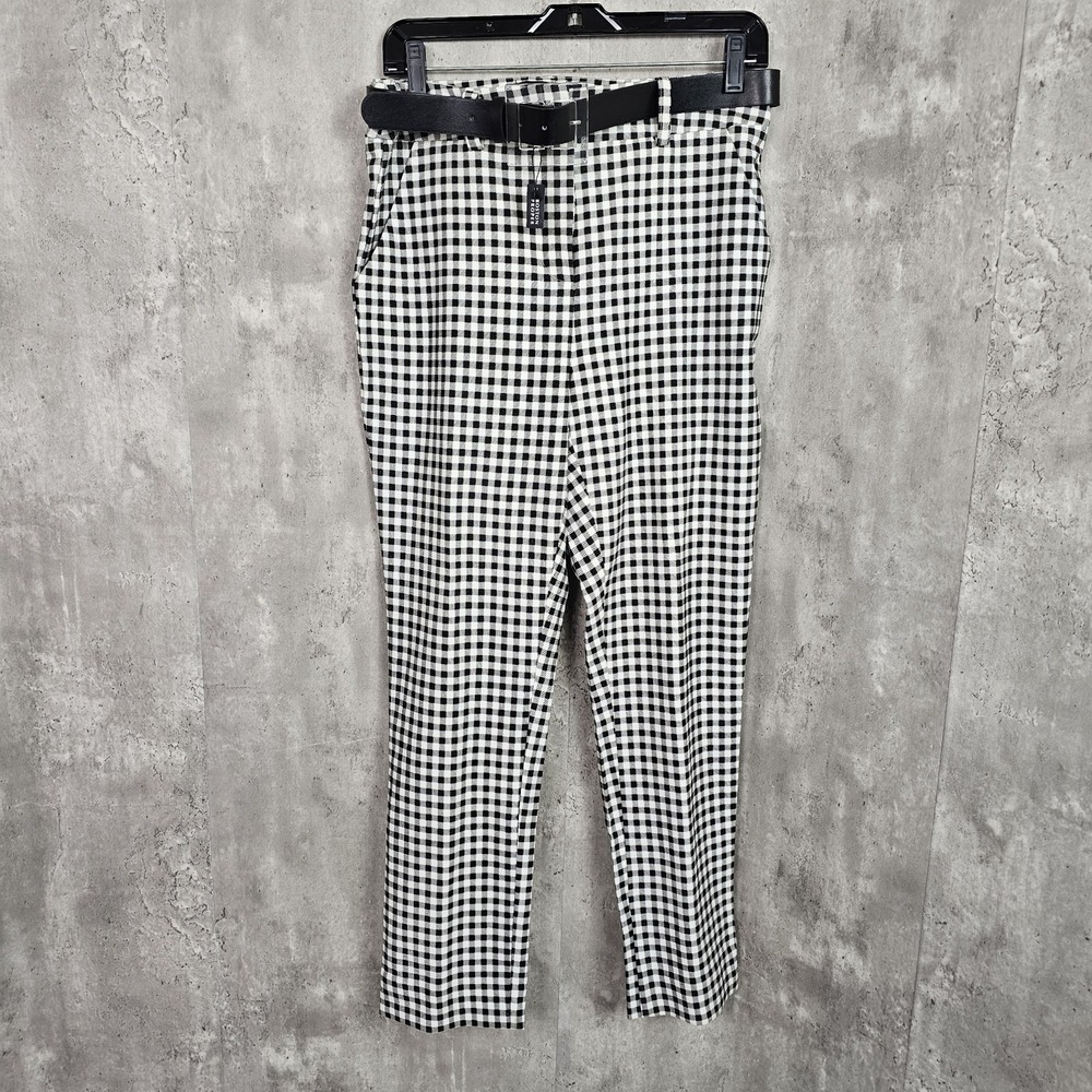 Boston Proper Womens 8 Black White Gingham Pant W/ Black Belt Cropped Straight